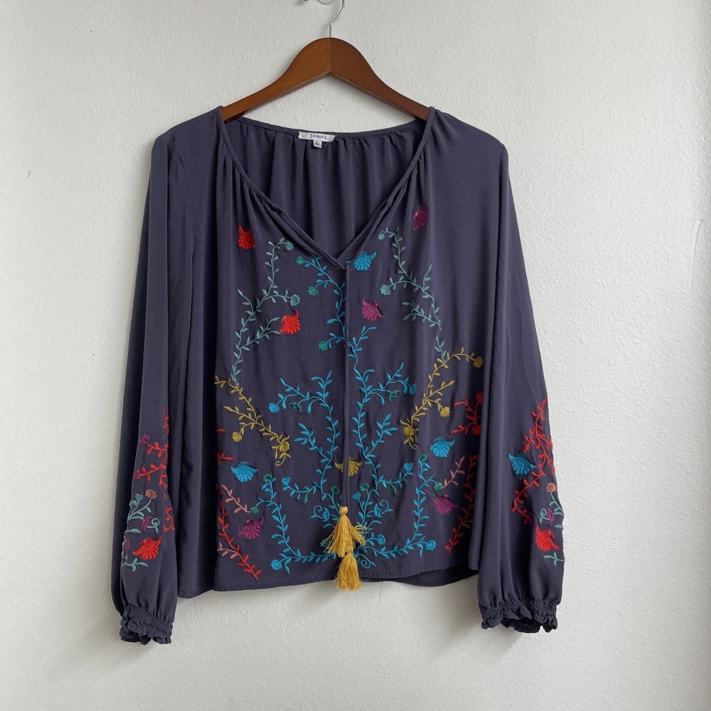 Jodifl Blouse womens Size Medium Purple Multicolored Embroidery Long Sleeve comf
